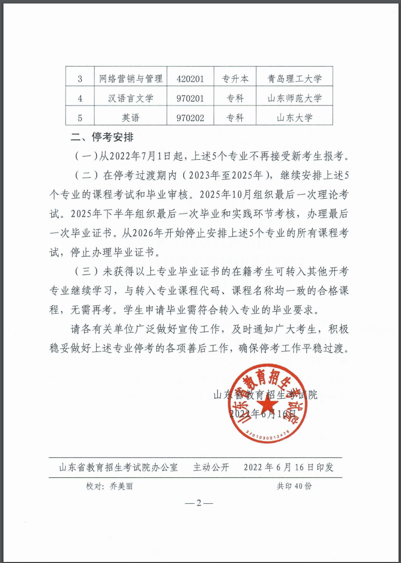 关于停考山东省高等教育自学考试教育管理（专升本)等5个专业的通知