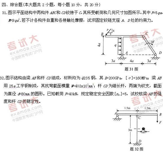 全国2010年10月高等教育自考工程力学(一)试题(图7)
