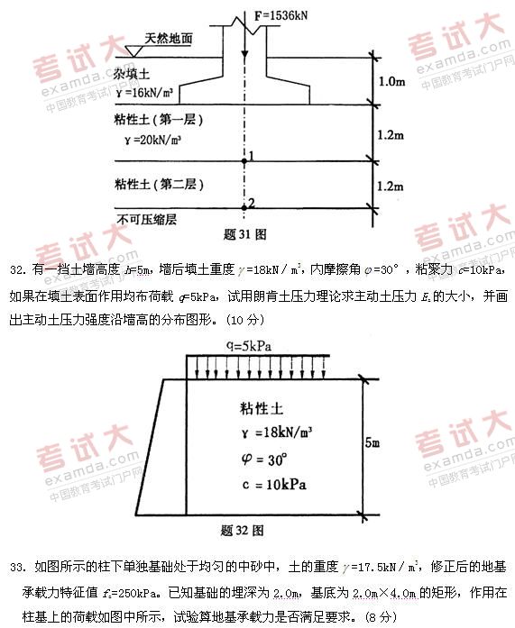 全国2011年1月高等教育自考土力学及地基基础(图4)